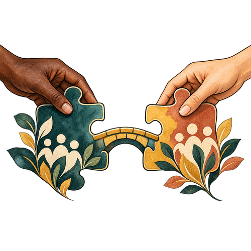 Watercolor hands joining community pieces across a small bridge