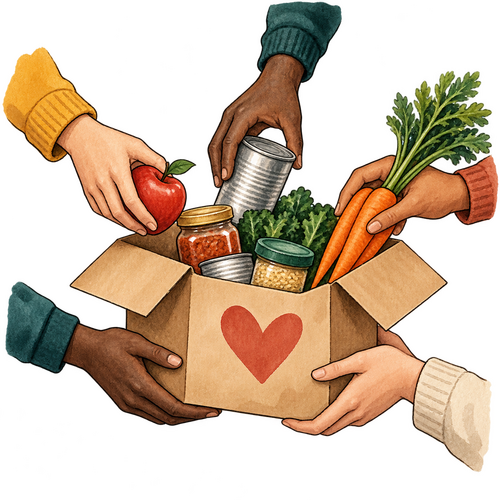 Watercolor hands working together around a food box